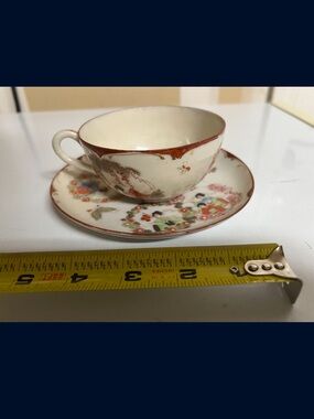 Vintage Hand-Painted Porcelain Tea Cup and Saucer in Cream with Red Accents